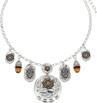 Boho ketting dames zilverkleurig amber bruin – bedels hangers – cadeau vrouw nikkelvrij – etnische ketting – medaillon – cadeau voor vriendin