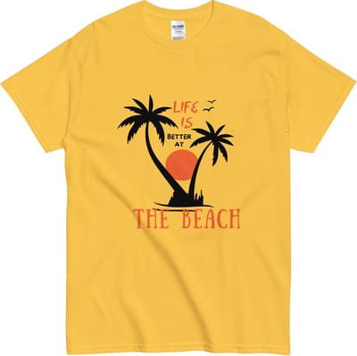 Zomers T Shirt - Life is Better at the Beach - Dames en Heren - Palmbomen en Zon - Geel - S