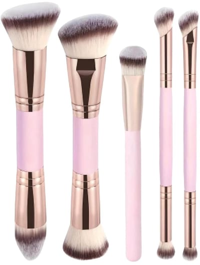 Foundationkwastenset - Voor make-up - Premium make-upkwastenset met twee uiteinden - Roségoud en roze - Foundation- en contourkwasten - Voor vloeibare, crème- en poedergezichtskwasten - 5 stuks
