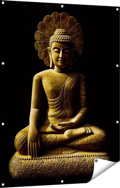 Gards Tuinposter Gouden Boeddha Beeld in Meditatie - 90x120 cm - Tuindoek - Tuindecoratie - Wanddecoratie buiten - Tuinschilderij