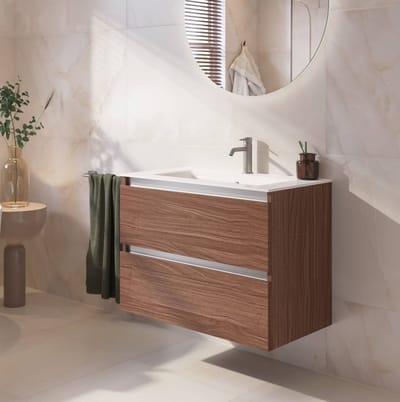 Saqu Gaia badmeubel incl. glans witte keramische wastafel 80x46x61cm noten urban – aluminium greeplijst