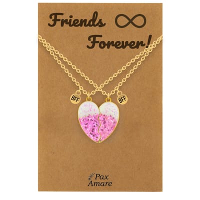 BFF Ketting voor 2 ' Friends Forever' - Roze Glitter Hartje - Vriendschapsketting op Cadeau Kaartje - 45cm + 5cm verstelbaar - Goudkleurig - Best Friends Hanger - Pax Amare