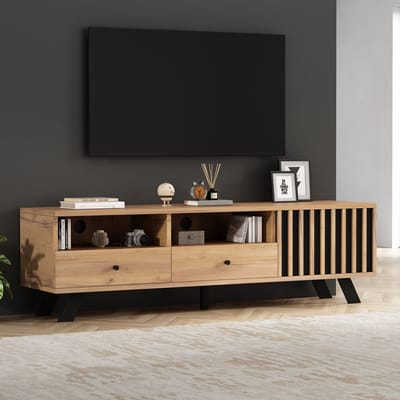 DESMIU Tv Meubel - Met 2 Lades En 1 Kast Voor 60 Inch Televisie - Voor Kleine Woonkamer - Spaanplaat - 150x38x44 Cm - Naturel Hout En Zwart