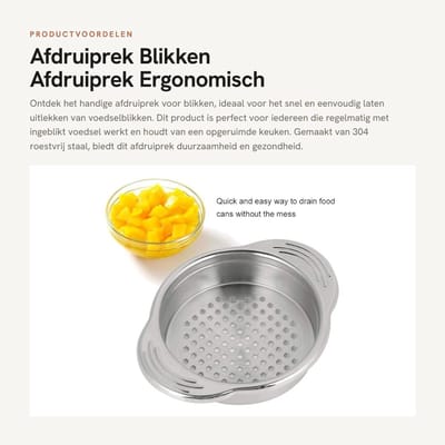 Dailygoods- Afdruiprek Roestvrij Staal - Afdruiprek Blikken - Afdruiprek Hittebestendig - Afdruiprek Ergonomisch - Afdruiprek Antislip - Eenvoudig in gebruik - Blikkenzeef