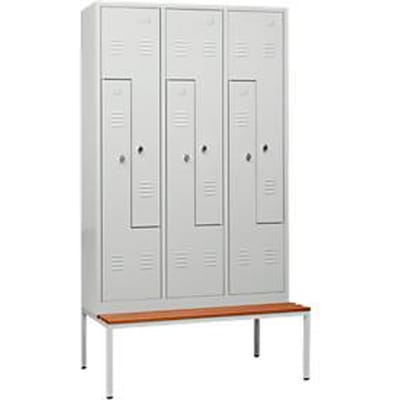 Locker, 6 compartimenten, 6 vakken, Z-deuren, met zitbank, draaivergrendeling, lichtgrijs