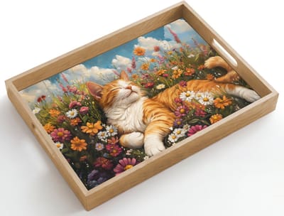 Dienblad hout 50x35 cm - Schootdienblad - Kat - Bloemen - Ontspannen - Borrelplank rechthoek - Plateau dienbladen