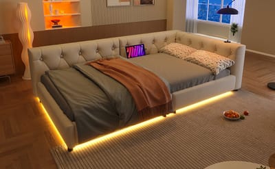 Slaapbank - Daybed - Dagbed - 90x200cm - Slaapbank met lattenbodem (zonder matras) - Sfeerverlichting met afstandsbediening - Hoofdbord met knopjes - Usb+Type-c - Linnen - Beige