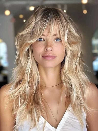 Damesperruque Medium Lang Golvend Blond met Pony voor Natuurlijke Look, Cosplay en Feestjes, Kunsthaar voor Dagelijks Gebruik