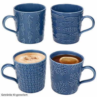 4-delige set SEA LIFE koffiemokken donkerblauw, elk met 1x vis, koraal, schubben en zeepaardje van porselein – R2962#SELI