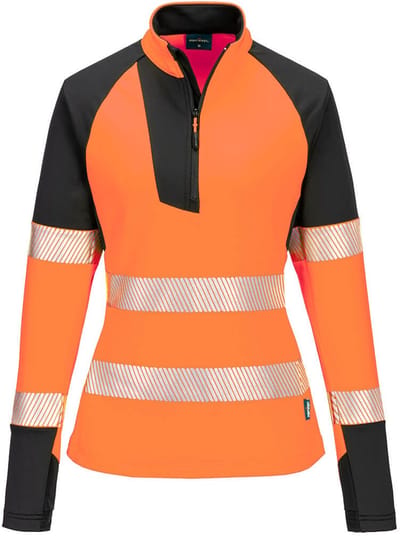 Portwest PW3 Hi-Vis Sweatshirt met 1/4 rits voor Dames T173 - Oranje/Zwart - L