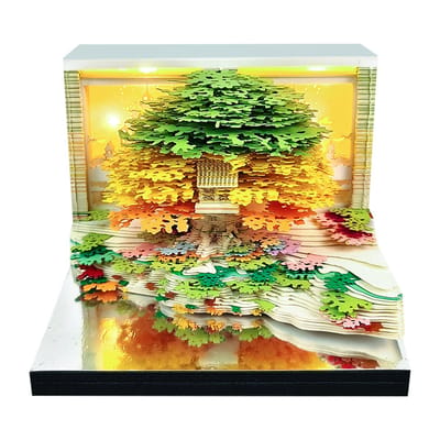 longziming -Kalender 2026 - 3D Bureaukalender 2026 met LED-verlichting – Groen Boomhuis Design – Acryl Tafelkalender met Creatief Papiersnijwerk