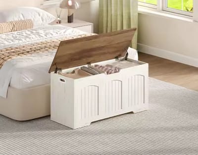 Houten Opbergkist met Deksel - 100 cm - Landelijke Dekenkist & Speelgoedkist - Wit met Eiken Look - Zitbankje voor Slaapkamer & Woonkamer