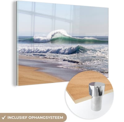 MuchoWow® Glasschilderij 120x80 cm - Schilderij acrylglas - Strand - Golven - Zee - Foto op glas - Muurdecoratie woonkamer - Wanddecoratie slaapkamer - Schilderijen