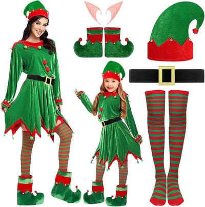 Kerstkostuumset voor kinderen, elf kostuum voor meisjes, feestoutfit met accessoires zoals hoed, sokken en schoenen voor een magische kerstervaring