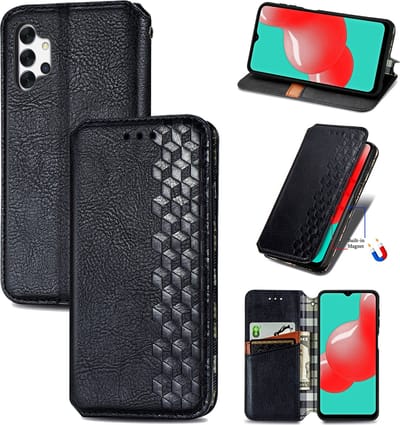 Luxe PU Lederen Ruitpatroon Wallet Case + PMMA Screenprotector voor Galaxy A32 4G _ Zwart