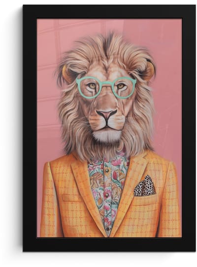 Poster in lijst - Fotolijst 20x30 cm - Posters - Leeuw - Pak - Geruit - Bril - Posterlijst zwart - Decoratie - Wanddecoratie woonkamer - Muurdecoratie slaapkamer