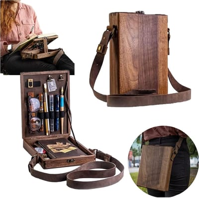 Houten Postbode Tas - Multifunctionele Handgemaakte Schoudertas - Opbergbox voor Kunstenaars Materialen - Tekenen en Schilderen - Outdoor Sketch Box - Natuurlijke Houtkleur - 1 stuk