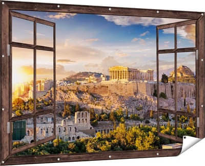 Gards Tuinposter Doorkijk Akropolis van Athene, Griekenland - Architectuur - 180x120 cm - Tuindoek - Tuindecoratie - Wanddecoratie buiten - Tuinschilderij