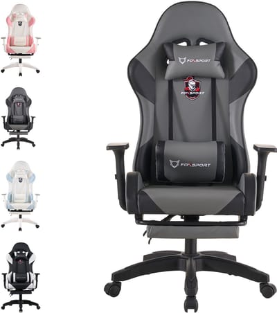 FOXSPORT Gamestoel - Gaming Chair - Ergonomisch - Verstelbaar - Met lendensteun en hoofdsteun - Met voetsteun - Bureaustoel - Racing -Zwart/Grijs