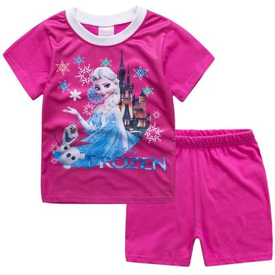 Pyjama d'été à manches courtes décontracté Reine des Neiges pour enfants, costume dessin animé, robe pyjama en coton pour filles, costumes pour enfants 2T(90cm) pink