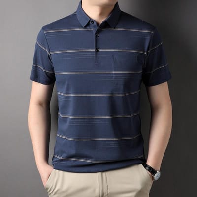 Katoen Zomer Dunne Heren Revers Gestreept Korte mouw Heren Jeugd Trendy Katoenen T-shirt Herenkleding L blue