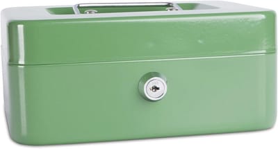 Middensize metalen geldcassette met muntinzet en sleutelslot, Groen