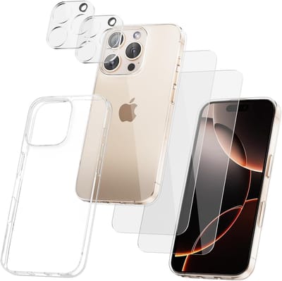 Doorzichtige hoes voor Apple iPhone 16 Pro Max - met 2x screenprotector & 2x lensbeschermer & doorzichtige siliconen hoes 5 in 1 Set