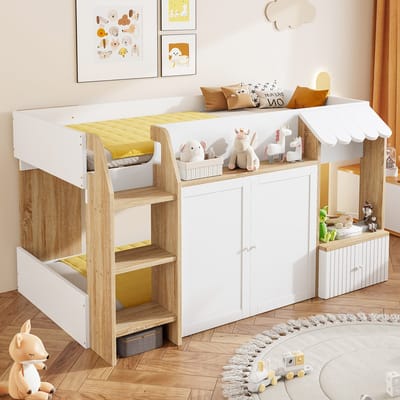 Huisbed 90x200 - Halfhoog Kinderbed Met Open Opbergruimte En Klimladder - Massief Hout - Naturel En Wit - Zonder Matras
