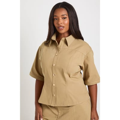 boohoo Dames Plus Twill Goud Getailleerd Overhemd | Steen | Maat: 44