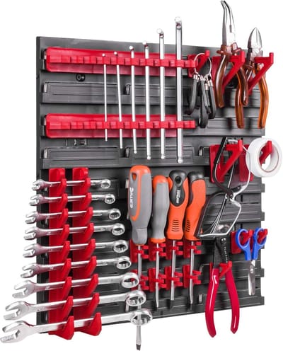 Wandplank Opbergsysteem 39 x 39 cm met Gereedschapshouders en Stapelbakken voor Werkplaats