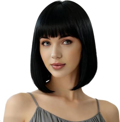 Lange Zwarte Wimpers met Bangs, Glad Bob Haar voor Cosplay en Feestjes, Korte Synthetische Haarwig voor Vrouwen en Meisjes