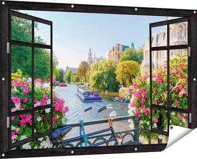 Gards Tuinposter Doorkijk Amsterdamse Kanaal met Bloemen - 150x100 cm - Tuindoek - Tuindecoratie - Wanddecoratie buiten - Tuinschilderij