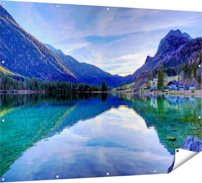 Gards Tuinposter Meer met Weerkaatsing in de Bergen - 160x120 cm - Tuindoek - Tuindecoratie - Wanddecoratie buiten - Tuinschilderij