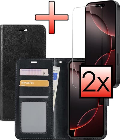 Hoesje - Met 2x Screenprotector - Geschikt voor Apple iPhone 16 Pro - Luxe Pasjeshouder - Bookcase Portemonee - Flip Case - Kunstleer Book Case - Flipcase Hoes - Book Cover - Walletcase - Portemonneehoes - Zwart