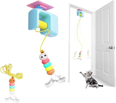 Kattenspeelgoed, elektrisch interactief speelgoed, teaser, automatisch intrekbaar met veer en belletjes voor katten, kitten, USB-oplaadbaar, hangend voor zelfbezigheid (blauw)