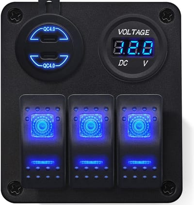 ProRide Schakelpaneel 12V voor Auto/Boot - USB/USB C Lader 2 Poorten met Voltmeter - QC3.0 - 3 Schakelaars