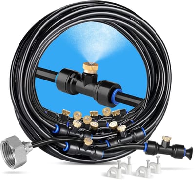 Vernevelingskoelingssysteem - 12m Voorgemonteerd Set met 16 Messing Spuitkoppen & 3/4" Adapter - Mister voor Terras, Achtertuin, Huisdieren, Tuin & Kas - Zwart - 1 Set