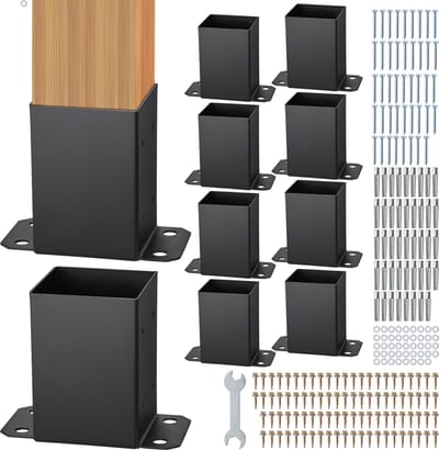 101,6 X 101,6 Mm Paalvoet Set Van 10, 91 X 91 Mm Inwendige Afmetingen, Robuuste Paalverankeringsbeugels met Poedercoating, Matzwarte Houten Paalsteunen voor Paviljoendekbalustrades, Duurzame Dekvoetplaat