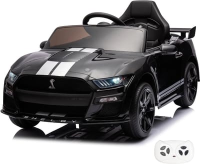 Ford Mustang Shelby GT500 12V Elektrische Kinderauto 1 tot 5 jaar – Officieel Gelicentieerd Accuvoertuig met Afstandsbediening – Luxe Sportwagen met Lederen Zitje, Bluetooth & EVA-Banden – Zwart