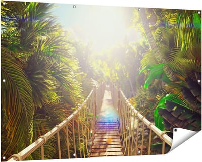 Gards Tuinposter Houten Brug in de Tropische Jungle - 150x100 cm - Tuindoek - Tuindecoratie - Wanddecoratie buiten - Tuinschilderij