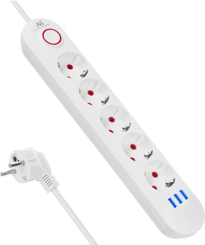 Maclean MCE395 W - Stekkerdoos - 5-polige verlengkabel 1.5m + 3xUSB, 110-240V AC 50/60Hz, 2,1A max 2500W - Wit