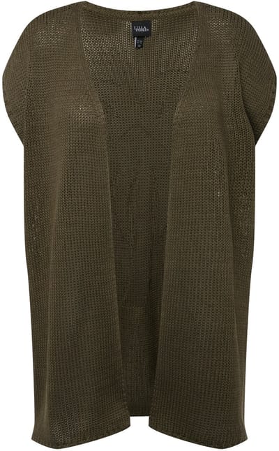 Ulla Popken - Dames - Gebreide bodywarmer palmen oversized open model mouwloos - Bosgroen - Maat 46+