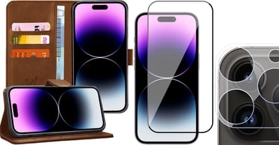 Hoesje geschikt voor iPhone 14 Pro - Book Case Kunstleer Wallet Cover Portemonnee Pasjeshouder Hoes Bruin - Full Tempered Glass Screenprotector - Camera Lens Protector