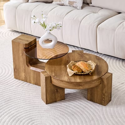 MODENUIT Salontafel Set - Rond 2-Delig Ontwerp Voor Woonkamer En Balkon - MDF En Bruingetint Glas - 61x30 Cm