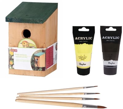 Houten vogelhuisje/nestkastje 22 cm - in het zwart/geel maken - Dhz schilderen pakket - 2x tubes verf en kwasten
