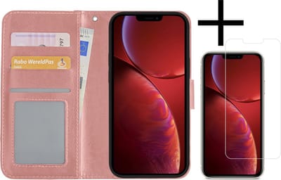 Hoesje - Met Screenprotector - Geschikt voor Apple iPhone 14 Pro - Luxe Pasjeshouder - Bookcase Portemonee - Flip Case - Kunstleer Book Case - Flipcase - Book Cover - Walletcase - Portemonneehoes - Rosé goud