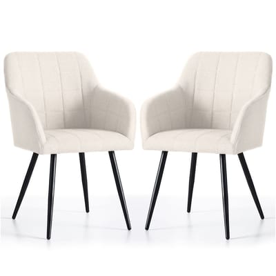 Set van 2 Eetkamerstoelen LUXANO met Armleuningen / Gestoffeerde Stoelen en Metalen Poten / Lumos-stof / Crème kleur met zwarte benen