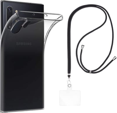 Set met hoesje en nekband voor Samsung Galaxy note 10 plus - Flexibele, transparante TPU-bescherming, verstelbare universele nekband voor mobiele telefoons, zwarte nekband, transparante draagriem van Phonillico®