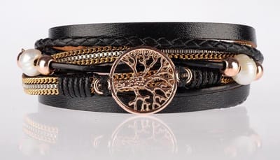 Armband Dames Leer Zwart – Leren Wikkelarmband Dames – Rosegouden Armband Dames – Levensboom Armband – Zwart Rosegoud Dames Armband – Galeara Design® – 20.5CM