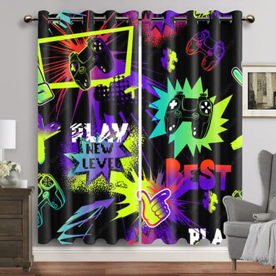 Cartoon Gamepad Verduisteringsgordijnen voor De Slaapkamer Graffiti Woorden Videogames Raamgordijnen Game Spelers Woonkamer Decoratie W60H60(CM)x2PCS&Grommet Top purple